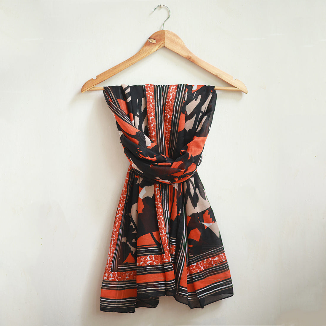 Black, White & Orange Abstract Floral Print with Striped Border Viscose Scarf