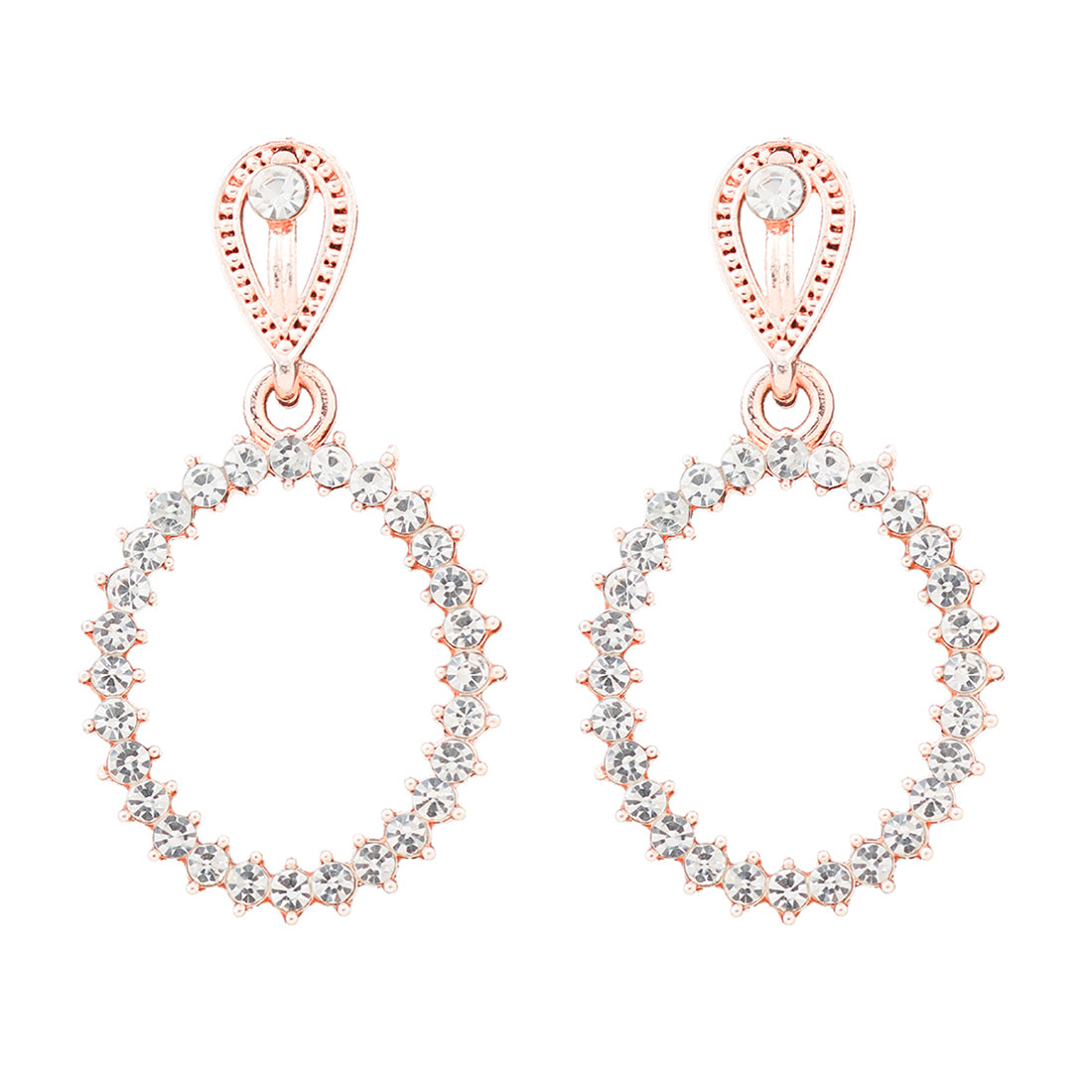 Elegant Contemporary Rose Gold Diamante Studded & Metallic Oval-Shaped Drop Earring