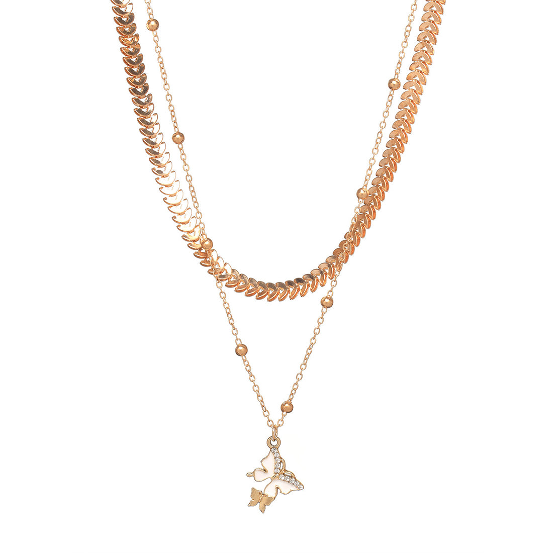 Chic & Trendy Two Layered Gold Necklace with Double Butterfly Pendant