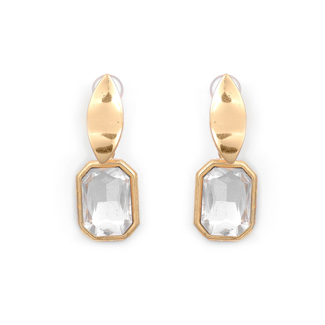 Elegant Gold-Toned Stud Earrings Featuring A Dazzling Square Rhinestone Drop.
