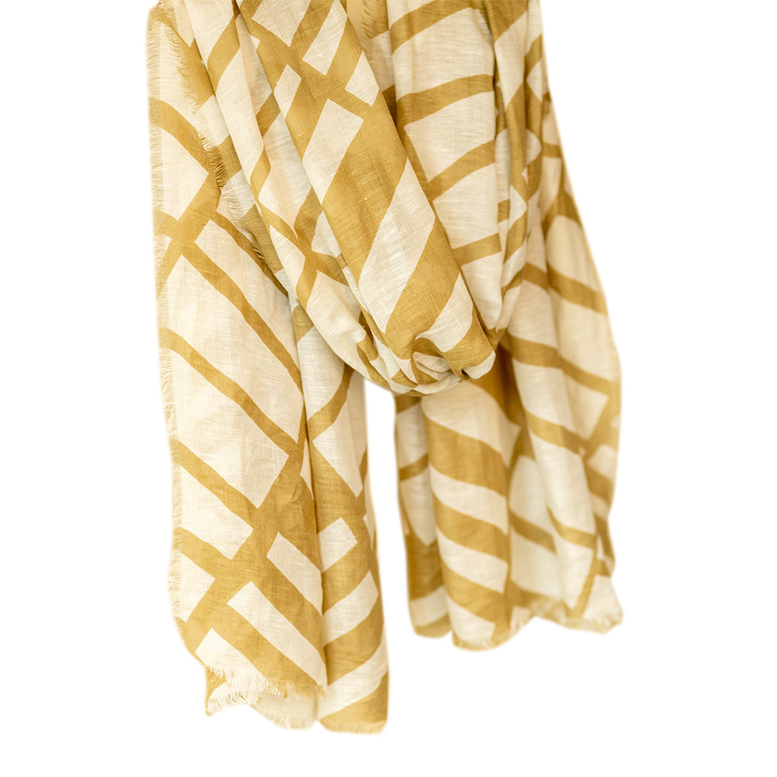 Tan & White Abstract Criss-Cross Stripes Printed Italian Fringes Oversized Modal Scarf