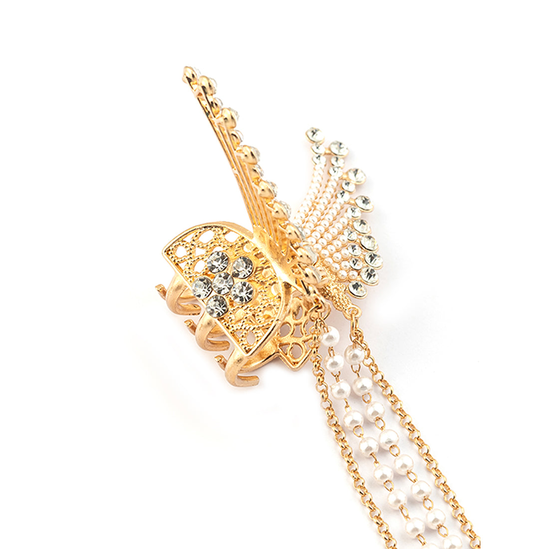 Diamante Rhinestones Studded Metallic Gold-Toned Pearl Tassel Drop Hair Claw Clip