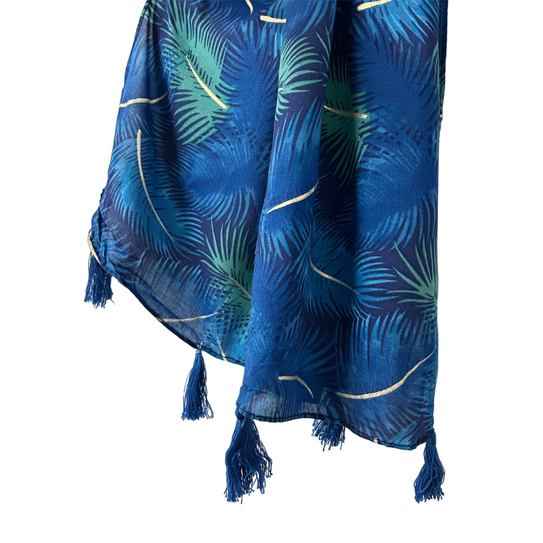 Tropical Blue & Green Palm Leaves Printed Modal Tassel Scarf