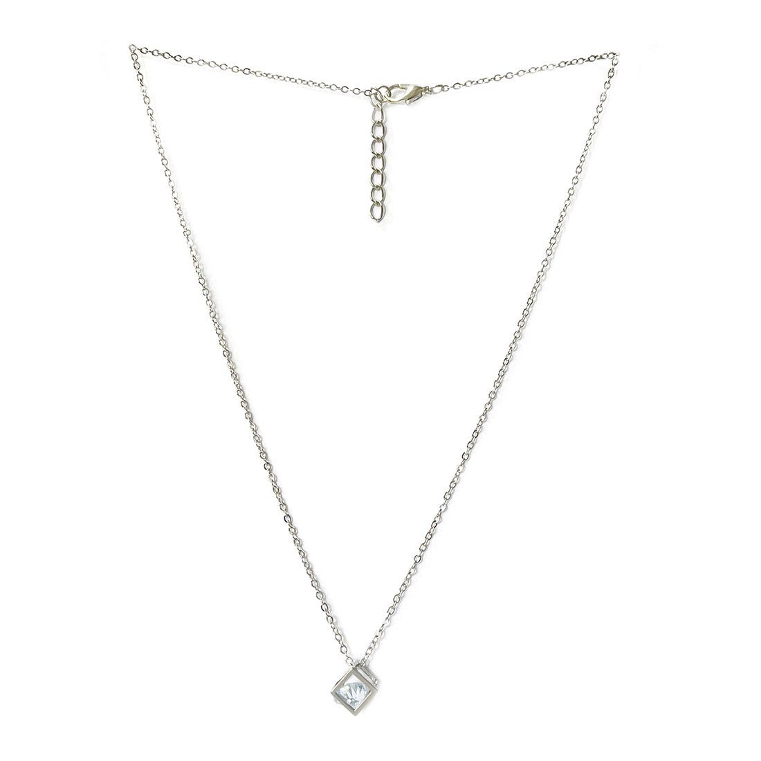 Cube Diamante Stud Silver-Toned Mini Pendant Necklace