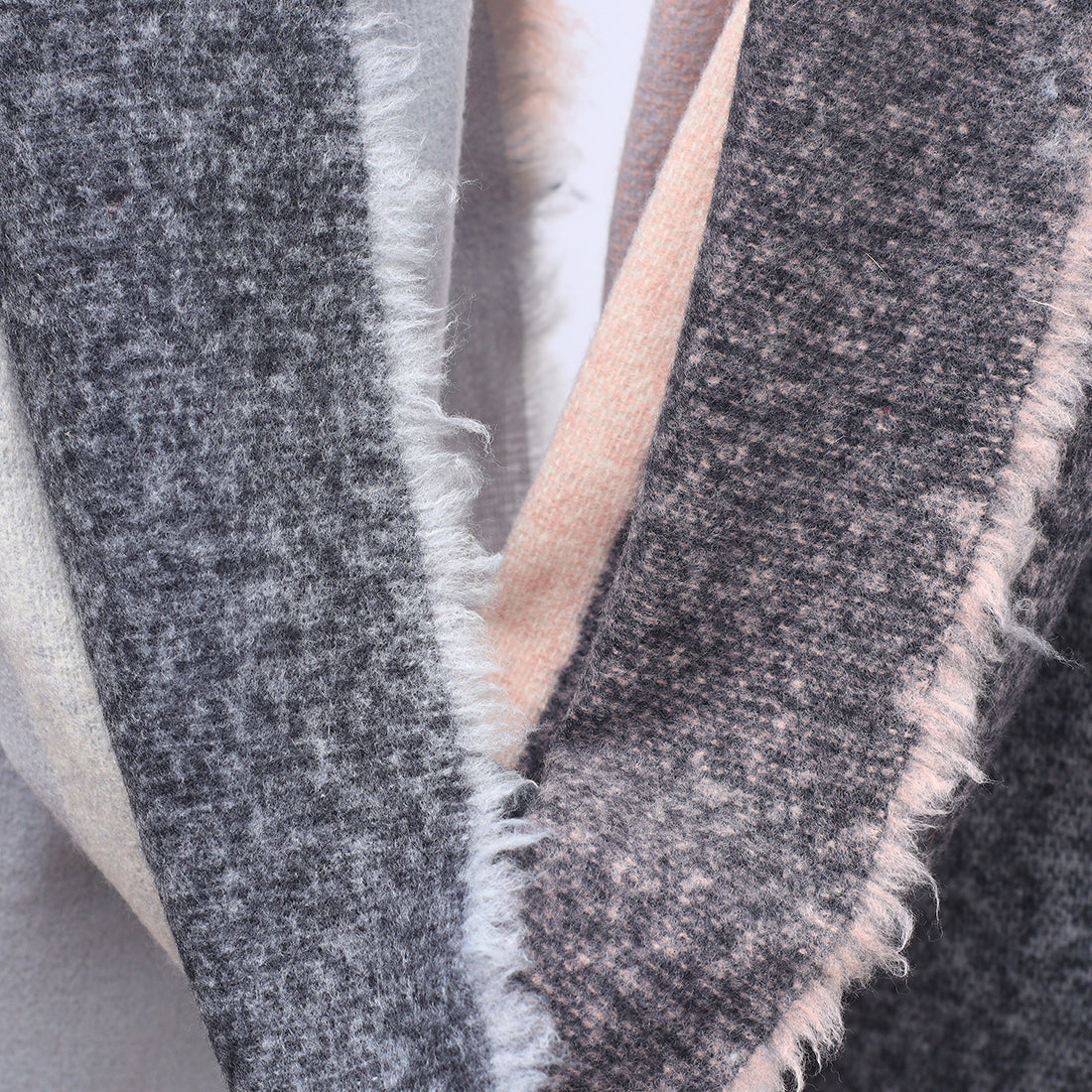 Geometric Winter Scarf In Grey, Black, And Rose With Fringes