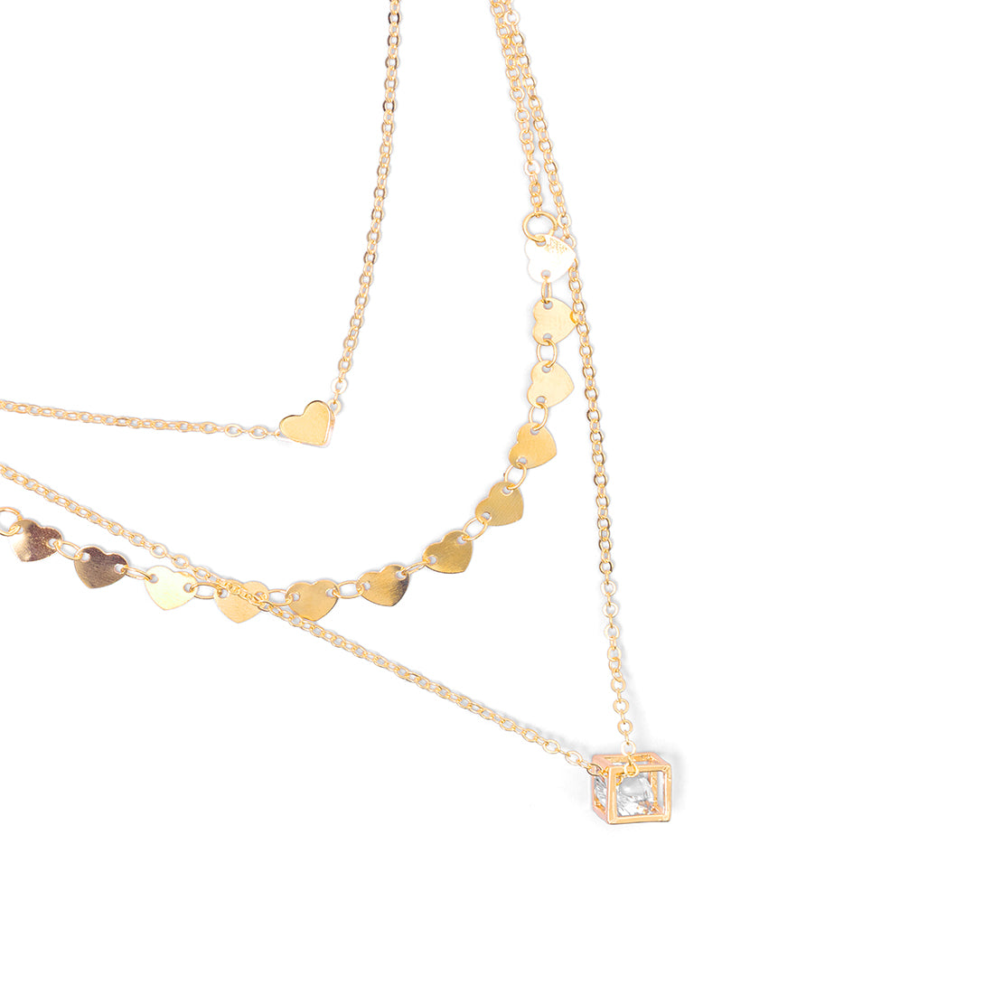 Contemporary Triple Layer Gold Heart And Diamanté Necklace