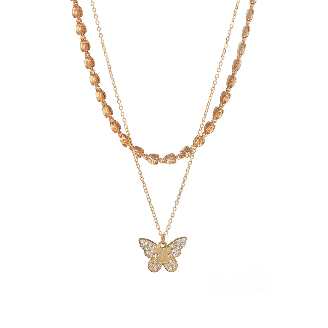 Two Layer Necklace - Butterfly Pendant, Chain of Hearts