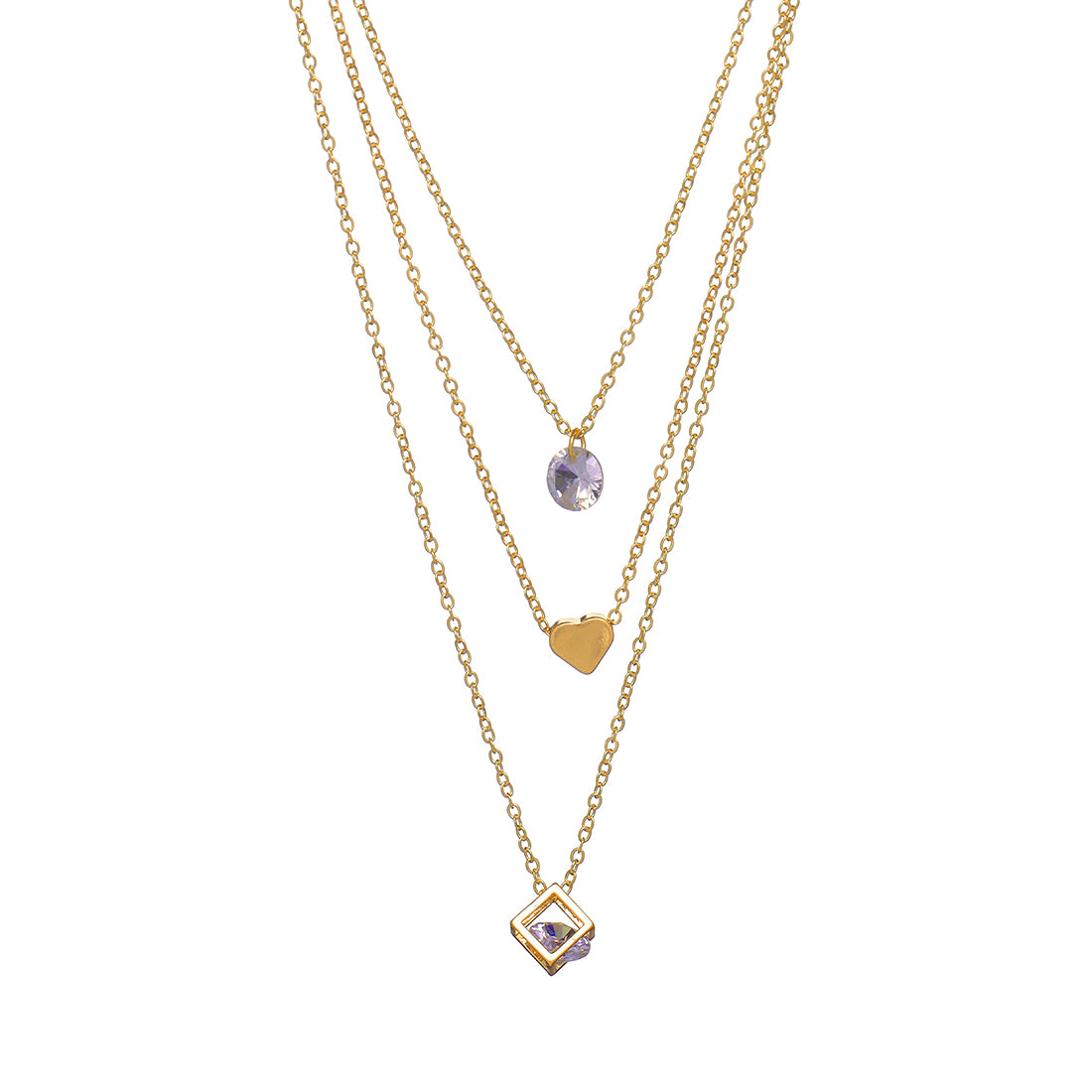 Three Layered Diamonti & Heart & Cube Shape Gold-Toned Pendant Necklace