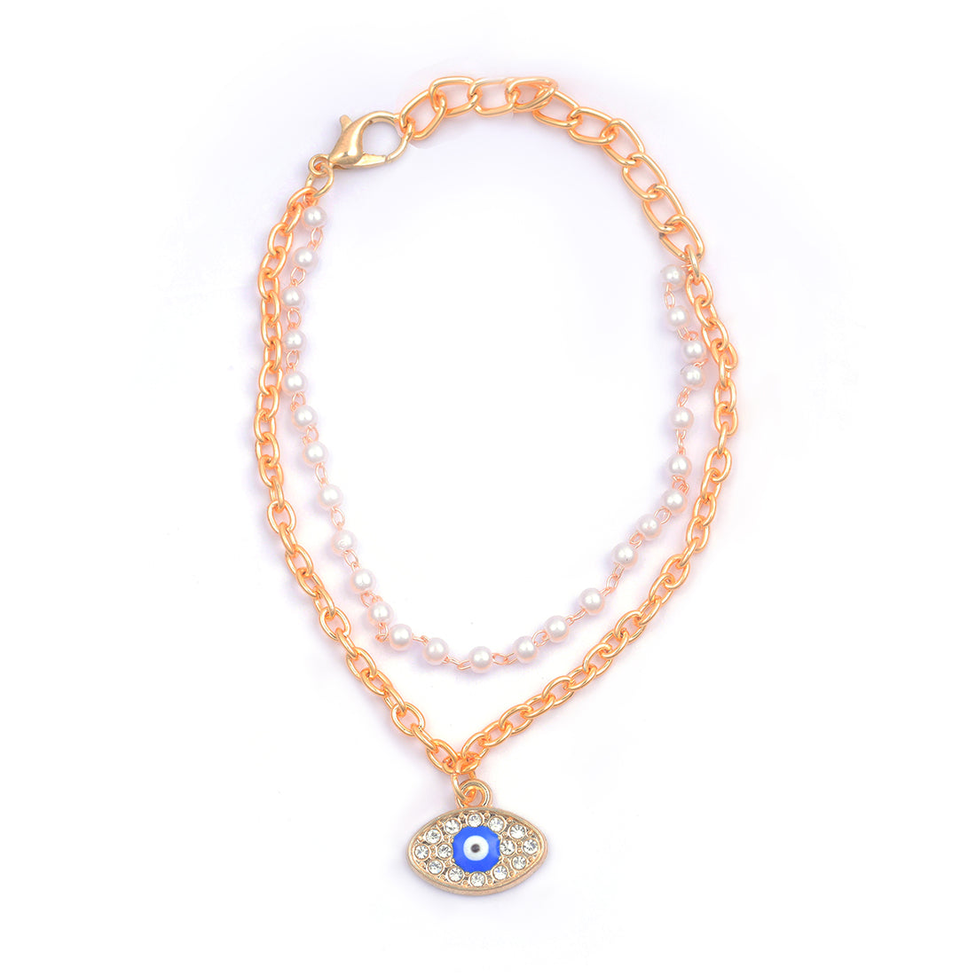 Two-Layer Seed Pearl And Chain Bracelet With Diamante Evil Eye