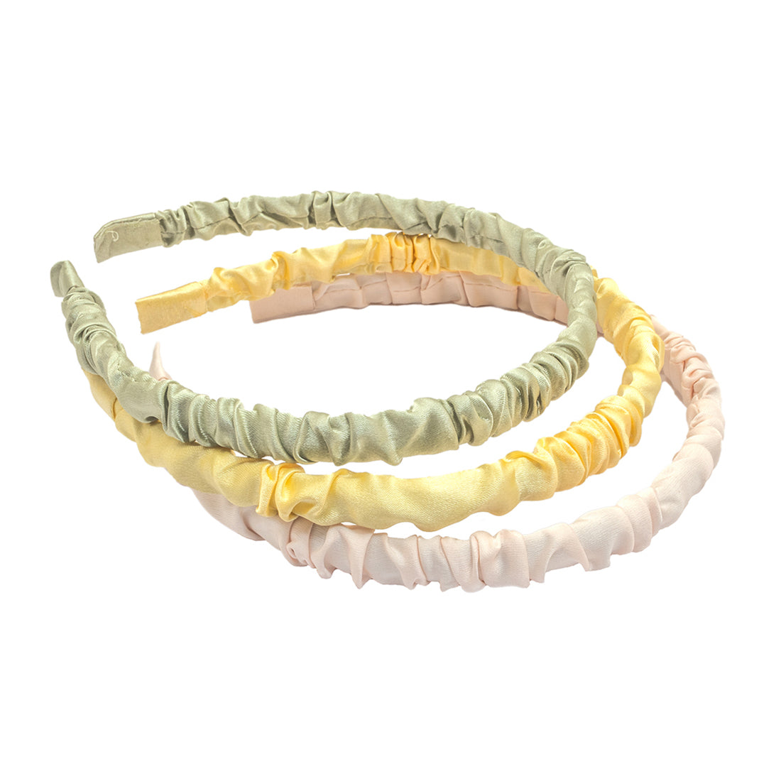 Set of 3 Pastel Green, Yellow & Pink Scrunched Satin Hair Bands