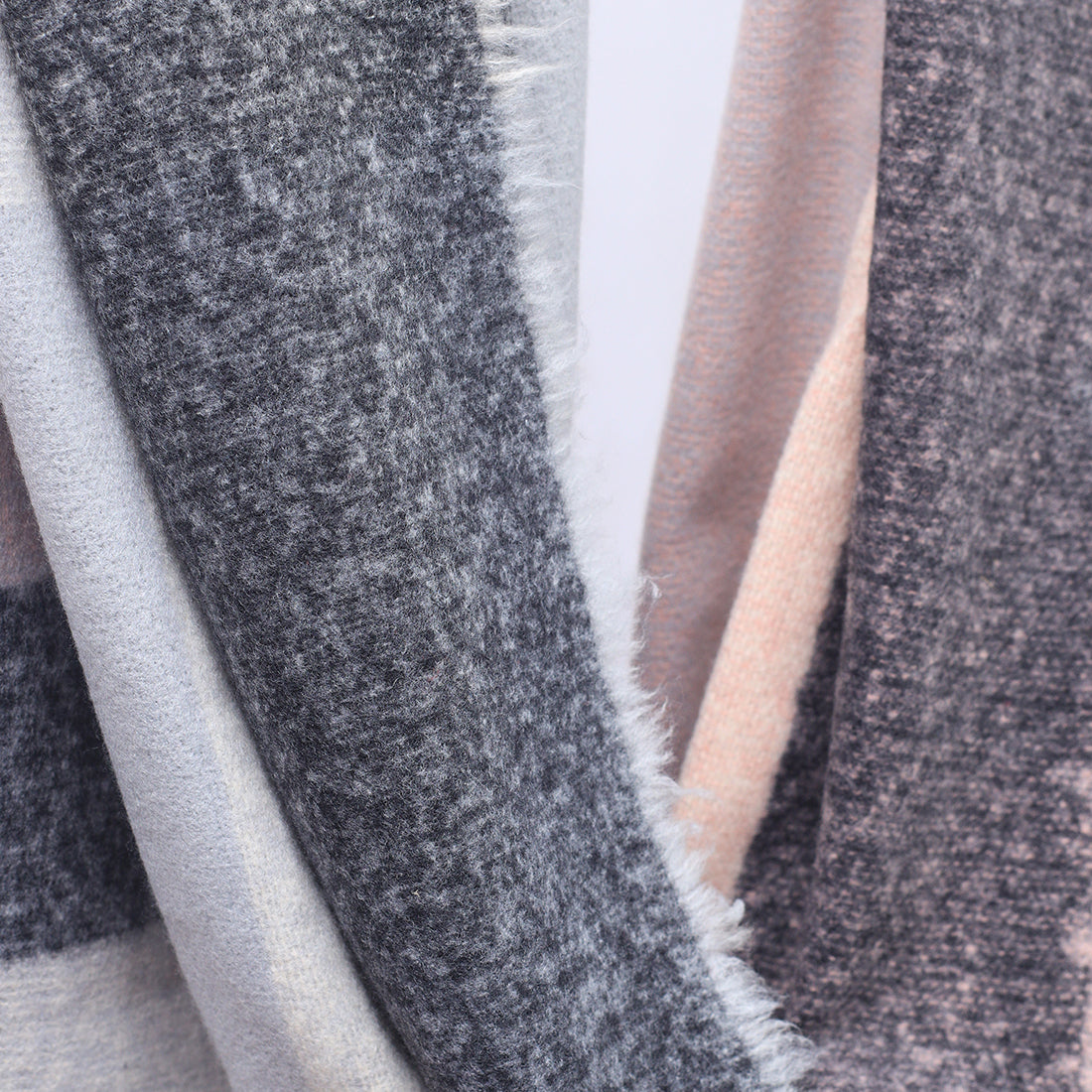 Geometric Winter Scarf In Grey, Black, And Rose With Fringes