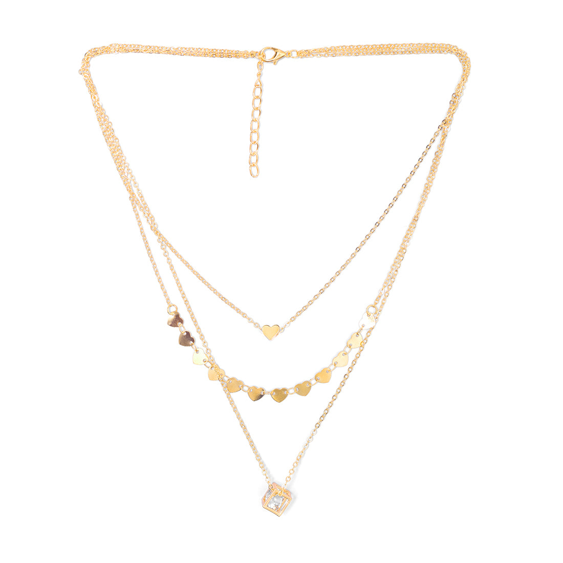 Contemporary Triple Layer Gold Heart And Diamanté Necklace
