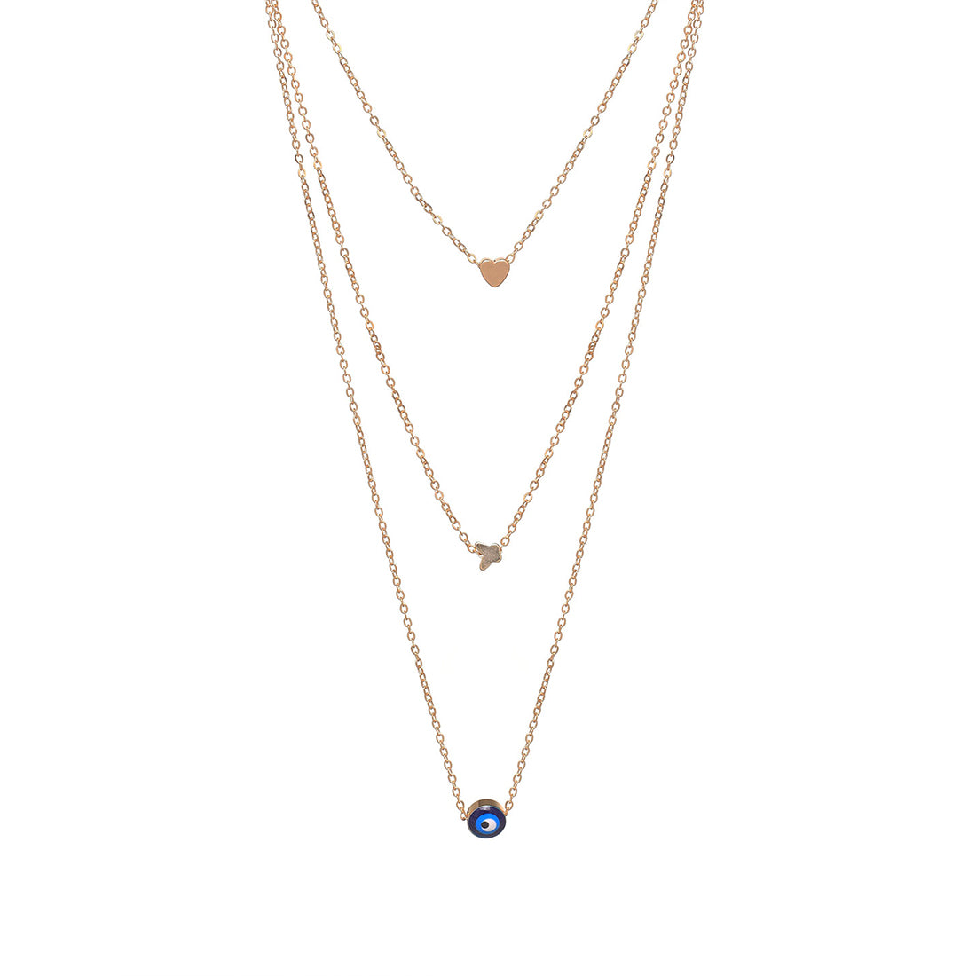 Trendy Triple Layer Gold Necklace - Evil Eye, Heart, Butterfly Pendants