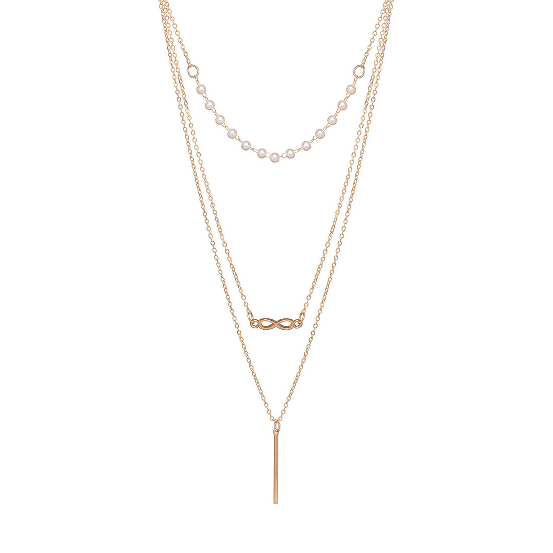 Trendy Three Layered Gold Necklace with Pearls Chain and Infinity