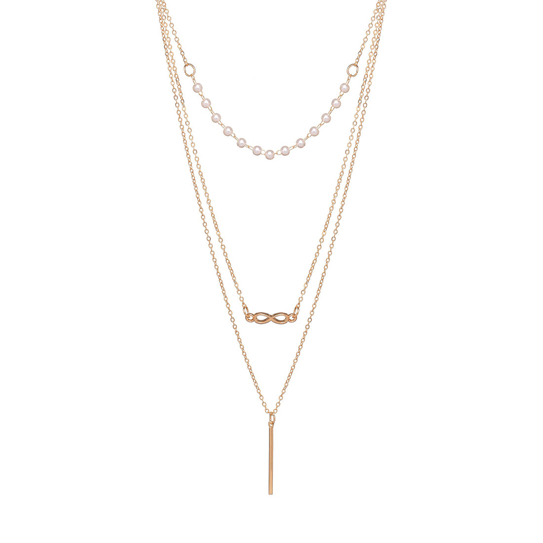 Trendy Three Layered Gold Necklace with Pearls Chain and Infinity