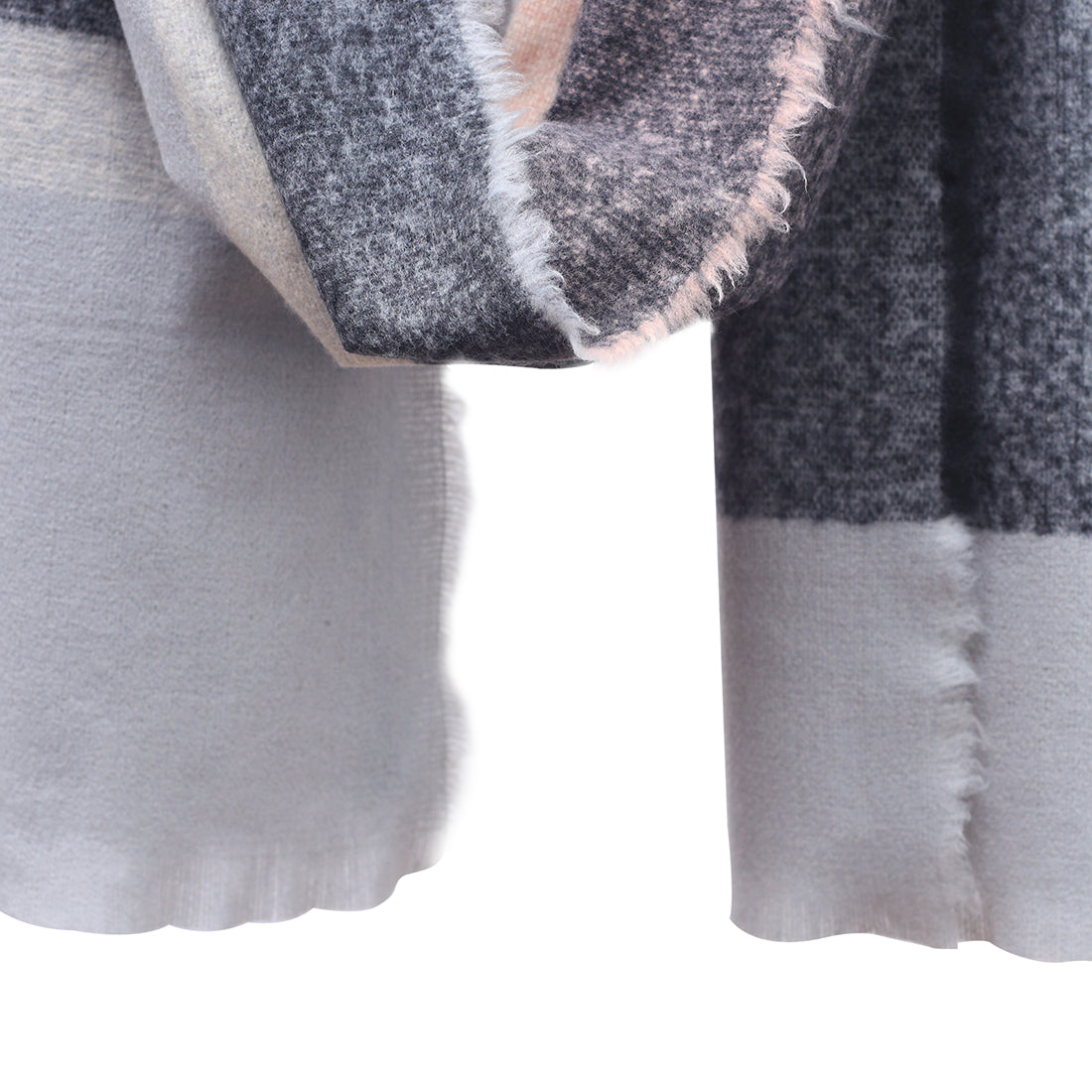 Geometric Winter Scarf In Grey, Black, And Rose With Fringes