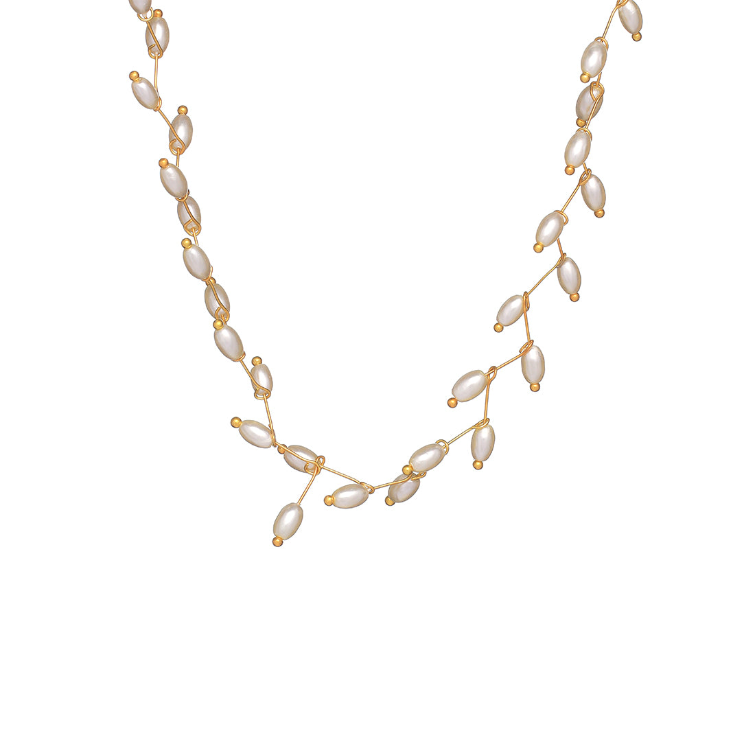 Gold-Tone Choker Necklace With Oval Pearls Arranged In A Leaf Pattern