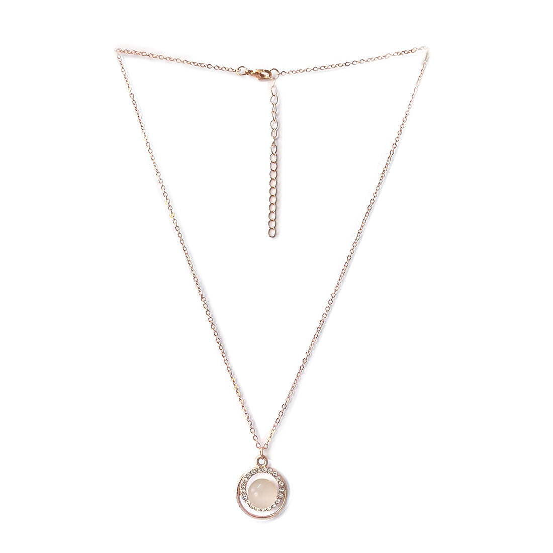 Circular Moonstone & Diamante Stud Mini Pendant Rose Gold-Toned Dainty Necklace