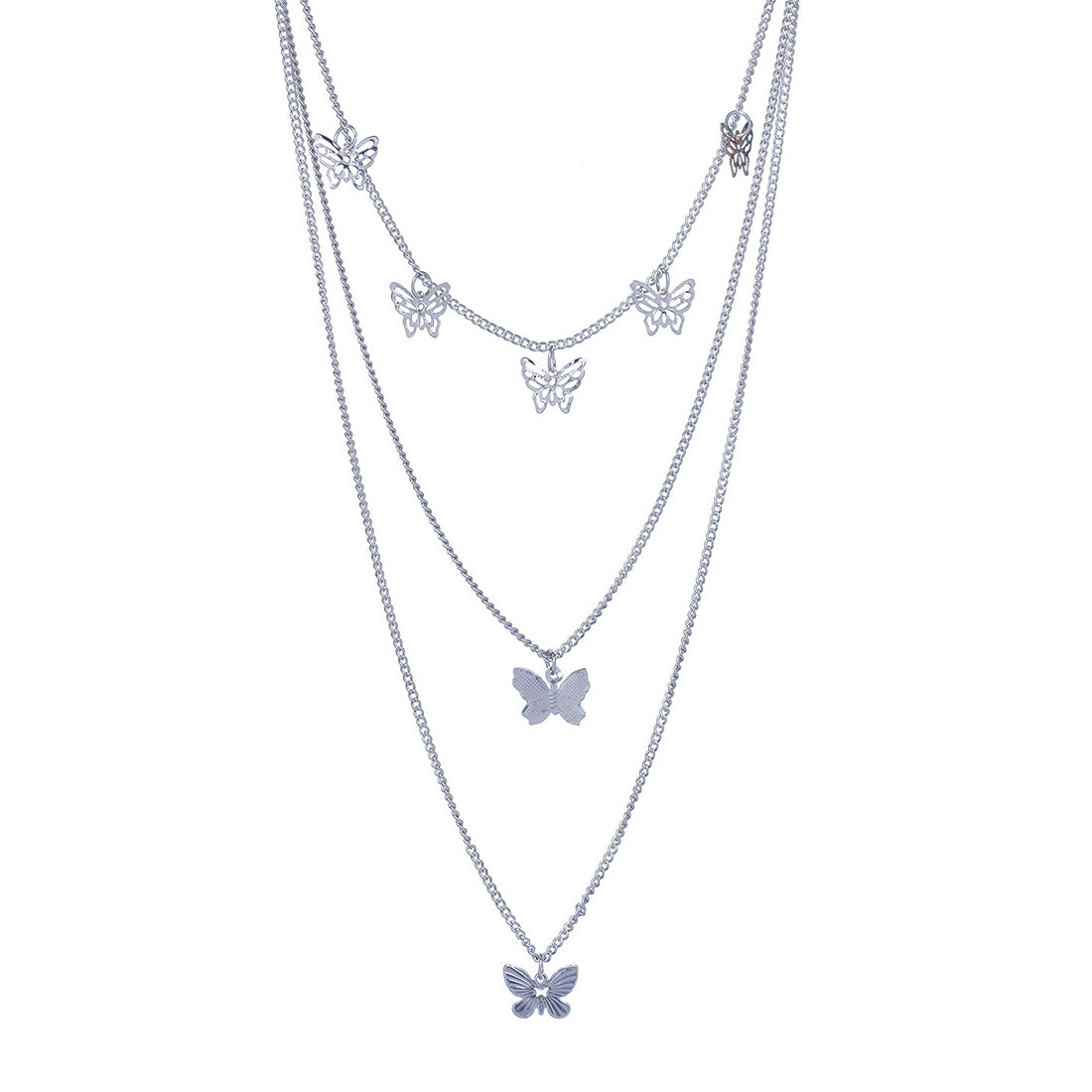 Triple Layer Silver Necklace - Multiple Flying Butterflies