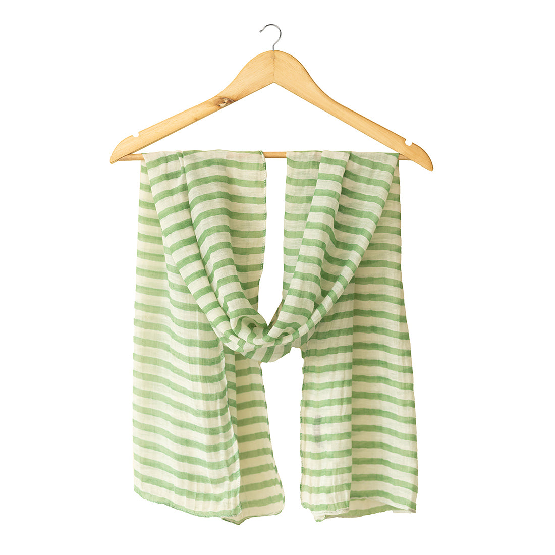Green & White Horizontal Thin Stripes Printed Silk Cotton Blend Scarf