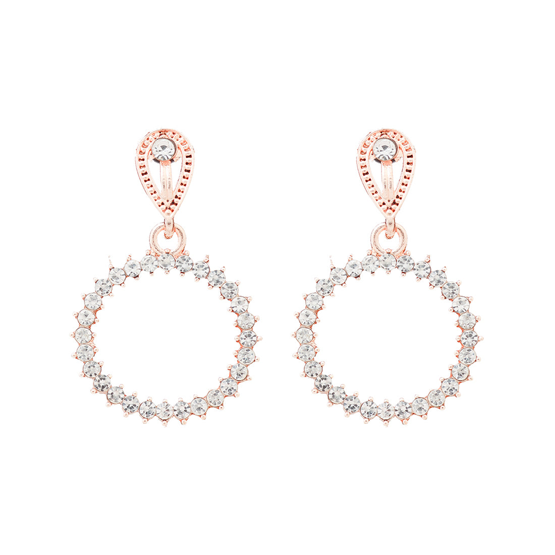 Elegant Contemporary Rose Gold Diamante Studded & Metallic Oval-Shaped Drop Earring