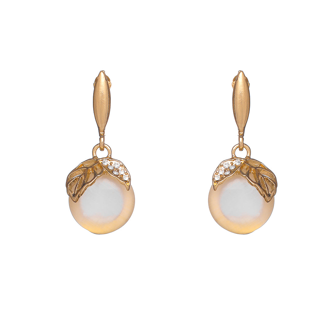 Elegant Leaf Pattern Gold-Toned Earrings With Moonstone And Diamonti Drops