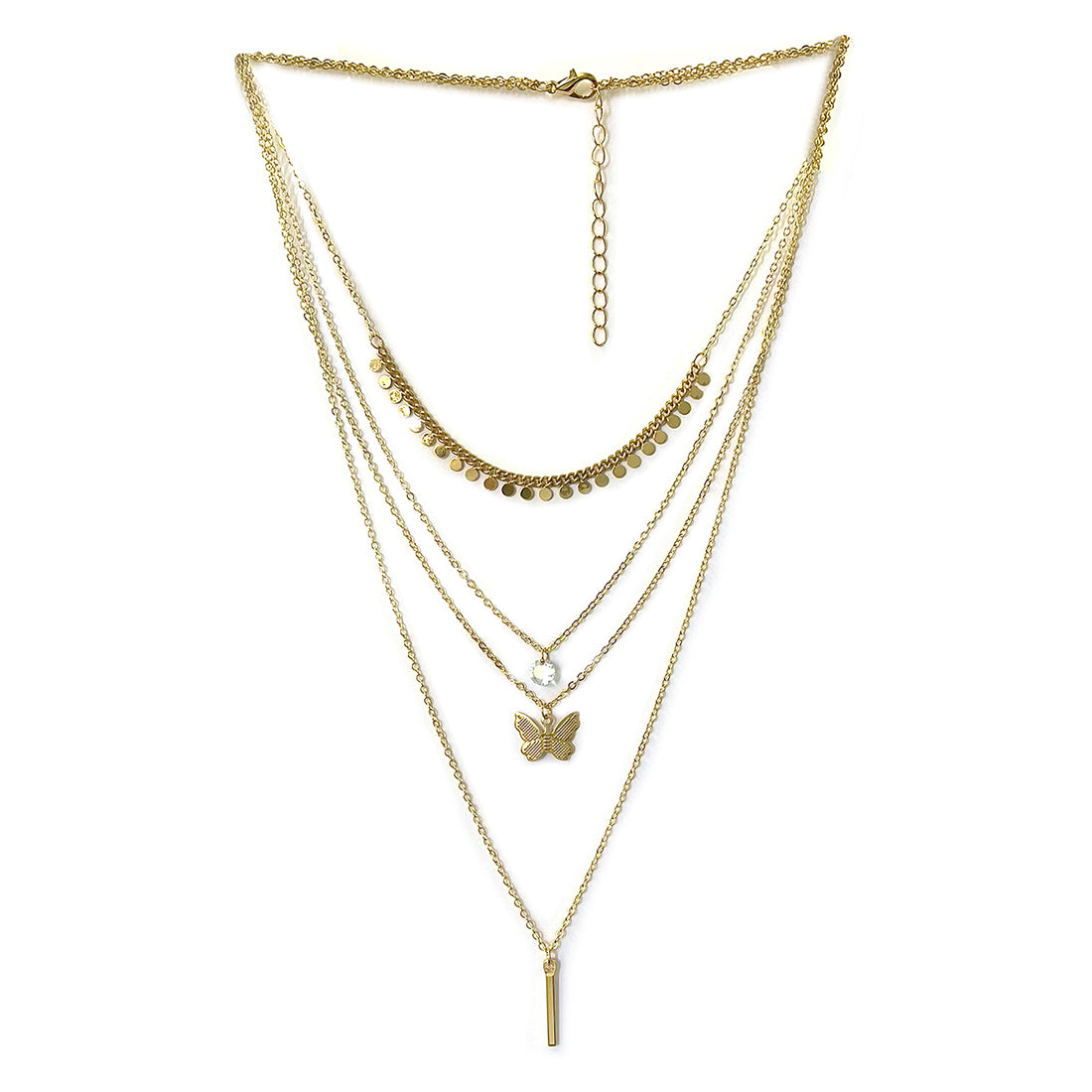 Contemporary Chain Link, Diamante Stud, Butterfly & Bar Pendant Gold-Toned Multi-Layered Necklace