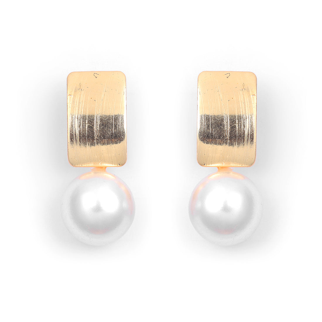 Striking Gold Rectangular Earrings Accented With A Chic Pearl.