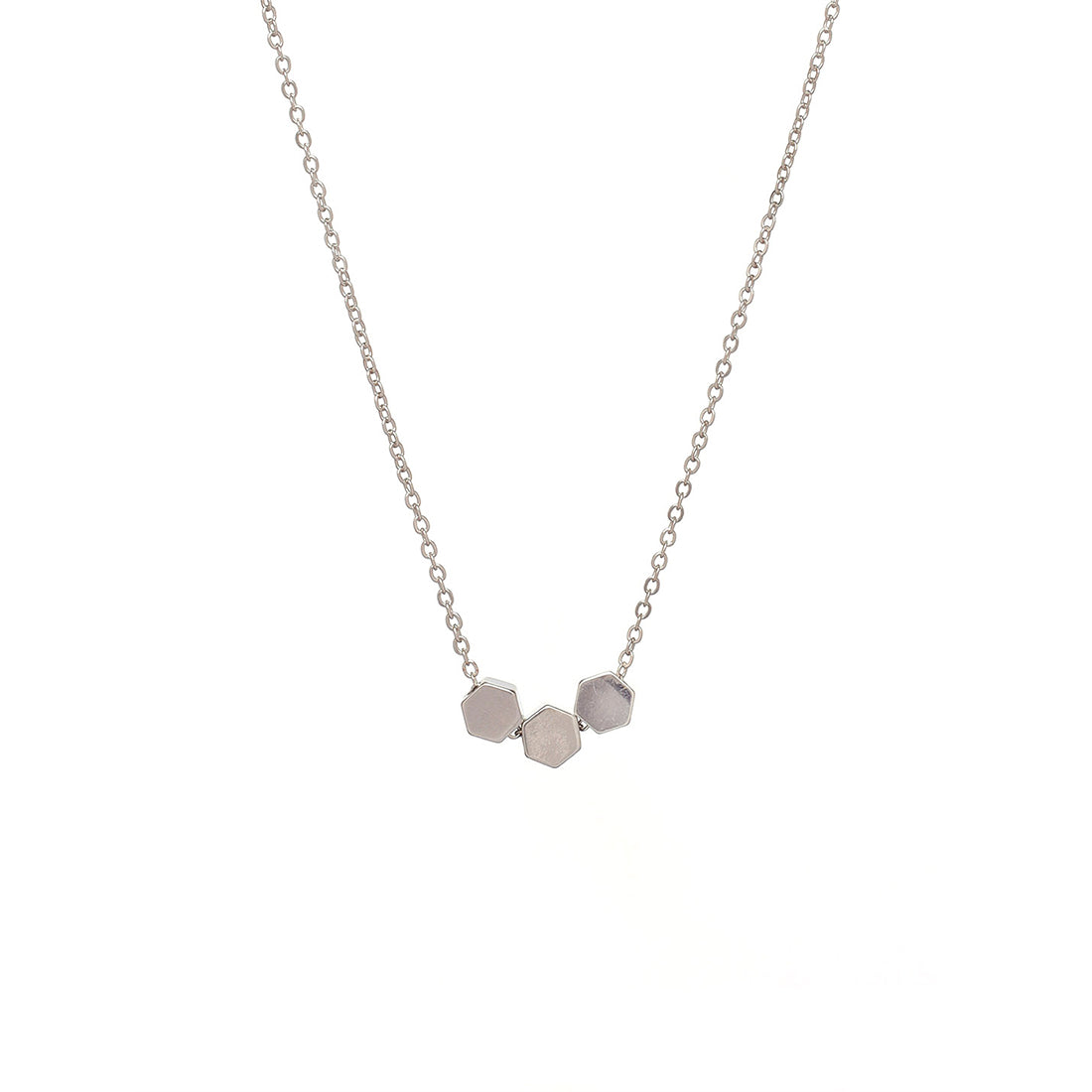 Single Layer Dainty Silver Necklace - 3 Solid Hexagon Pendants
