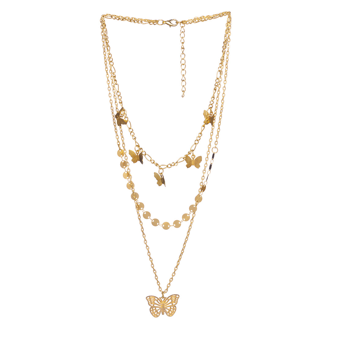 Three Layered Butterfly Pendent Necklace In Gold-Tone