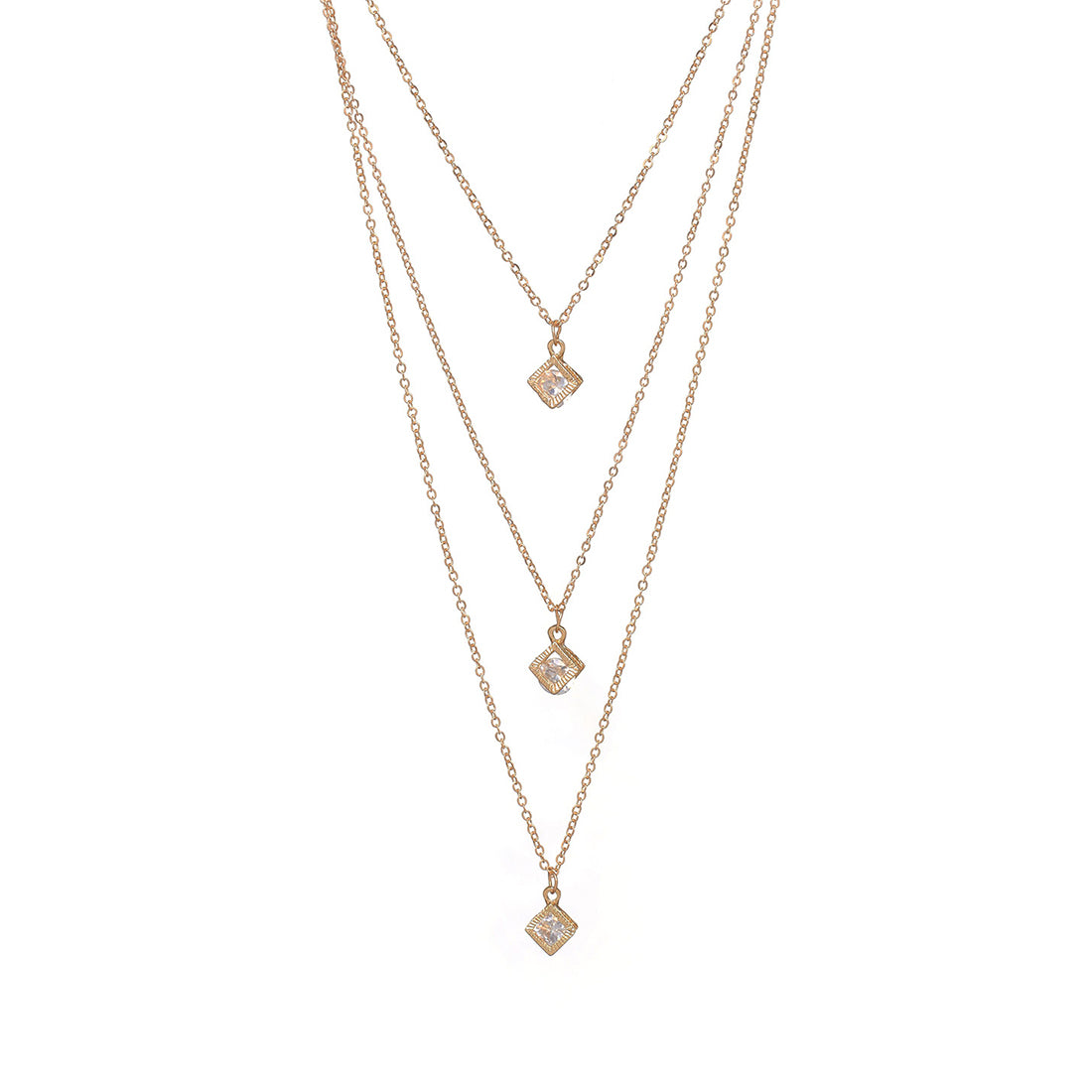 Triple Layer Gold Necklace - 3D Cube with Diamante