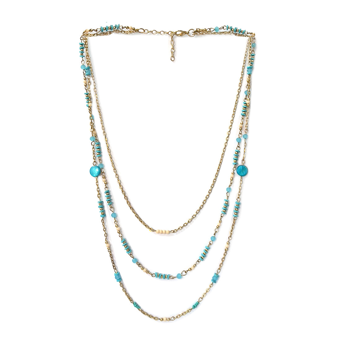Blue & Beige Beaded Gold-Toned Triple Layered Long Boho Necklace