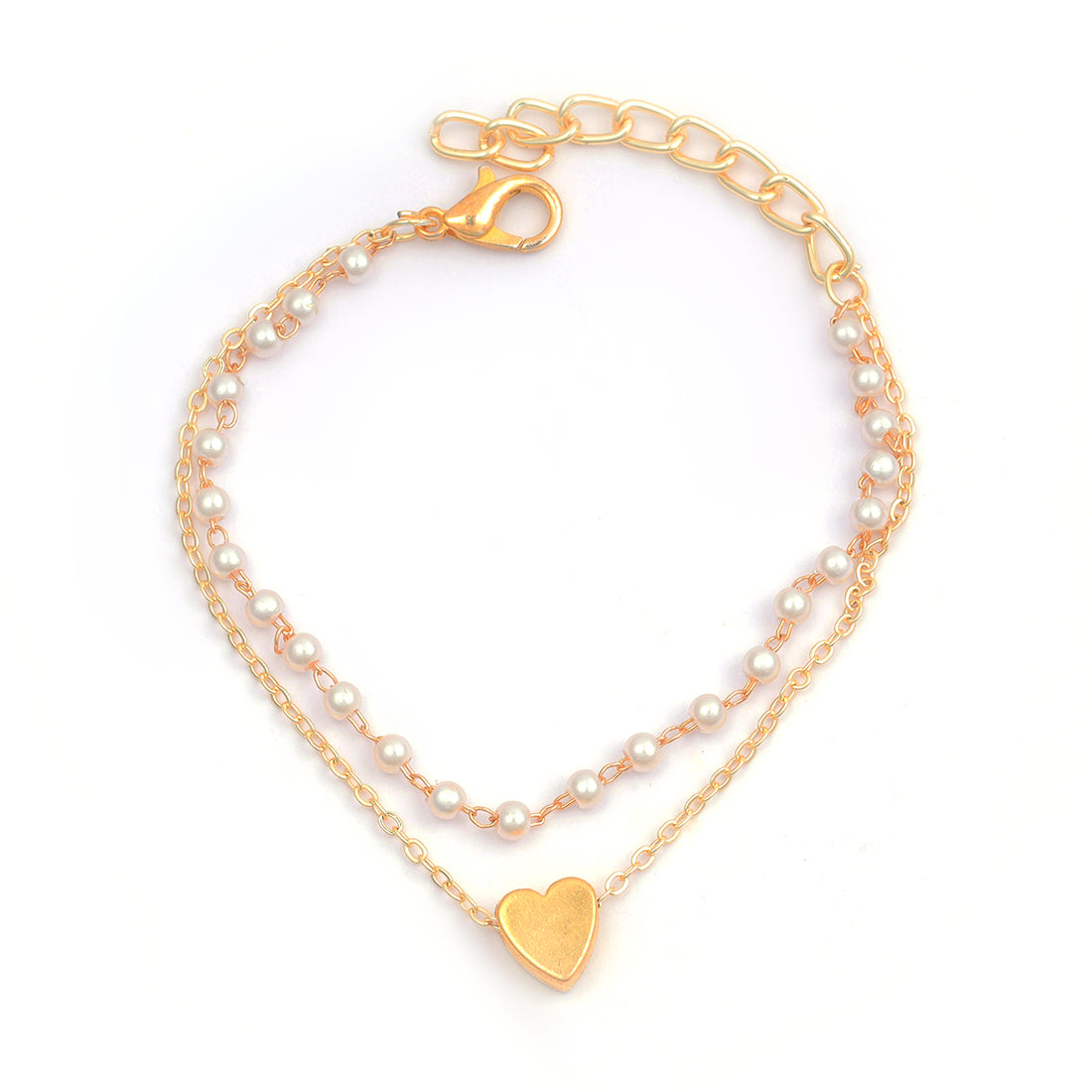 Two-Layered Bracelet: Gold-Toned Heart Chain & Seed Pearls Strand