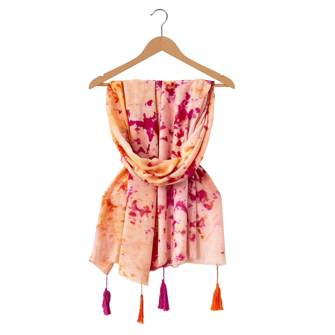 Pink & Orange Tie & Dye Modal Scarf with Fringes & Long Tassels