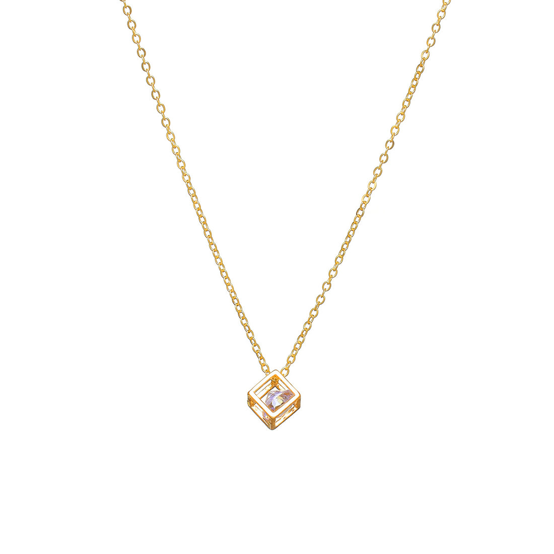 Single Layer Dainty Gold Necklace - 3D Cube with Diamante