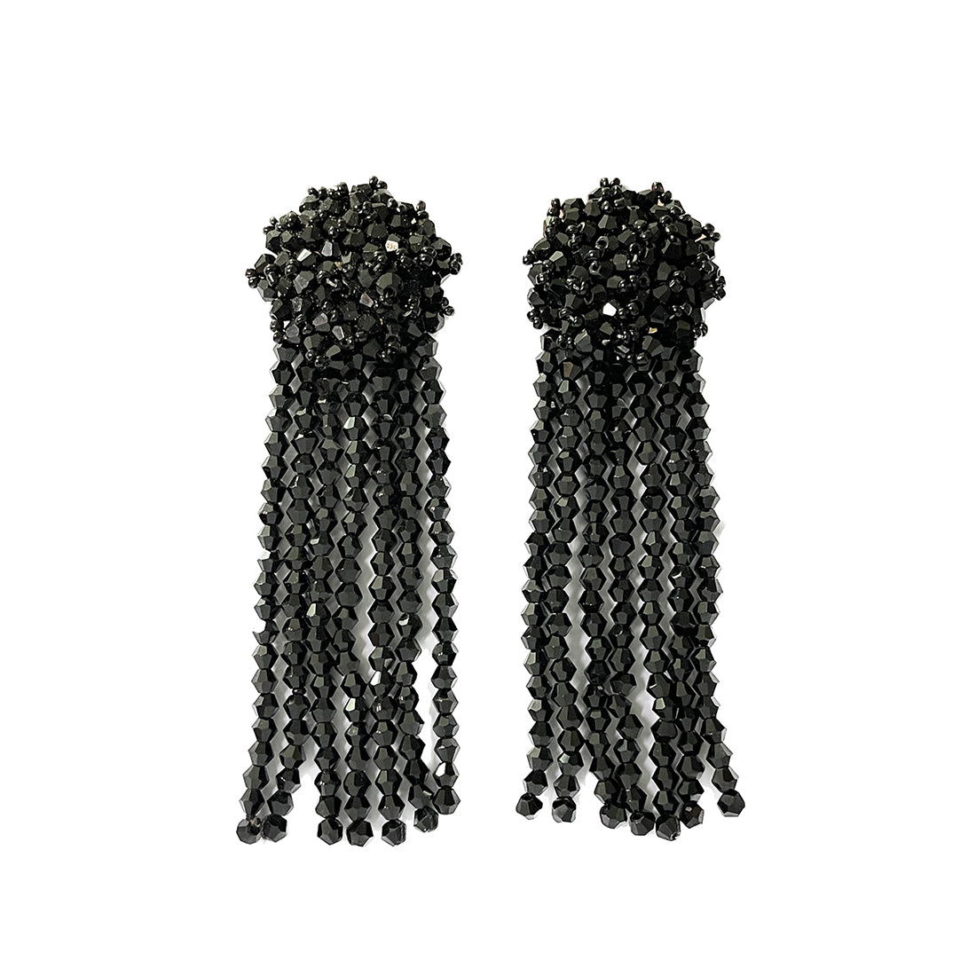 Black Beaded Oversized Long Tassel Earrings