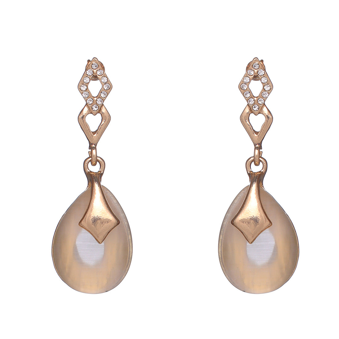 Elegant Gold-Toned Oval Shape Diamonti Stud Earrings With Moonstone Drops