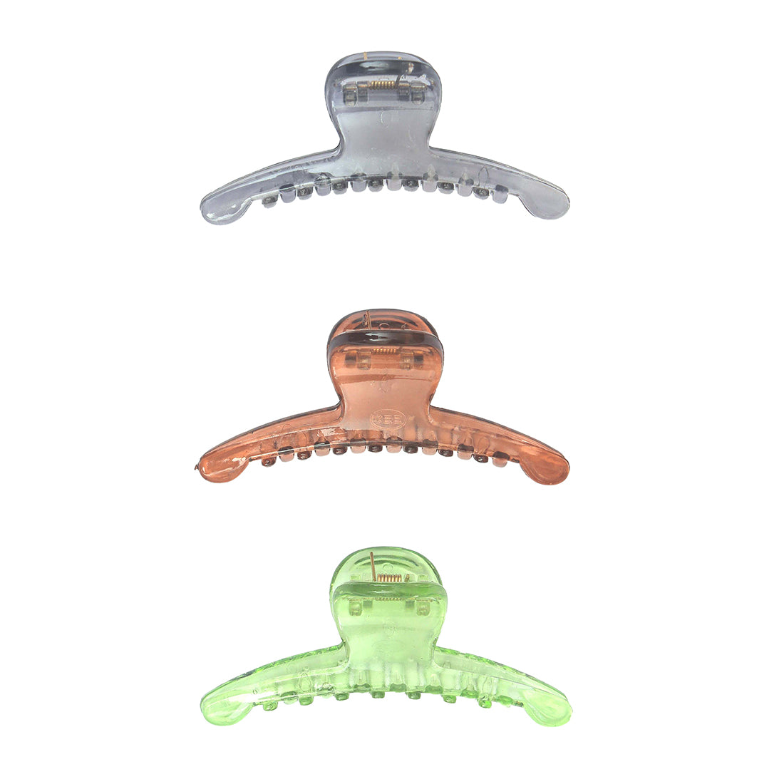 Chic Set Of Three Hair Clutches In Transparent, Tan, Green, And Grey Shades.