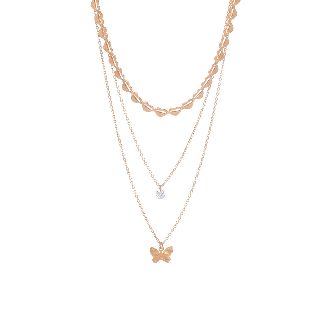 Trendy Three Layered Gold Necklace with Butterfly Pendant , diamonti stone and Chain of Hearts