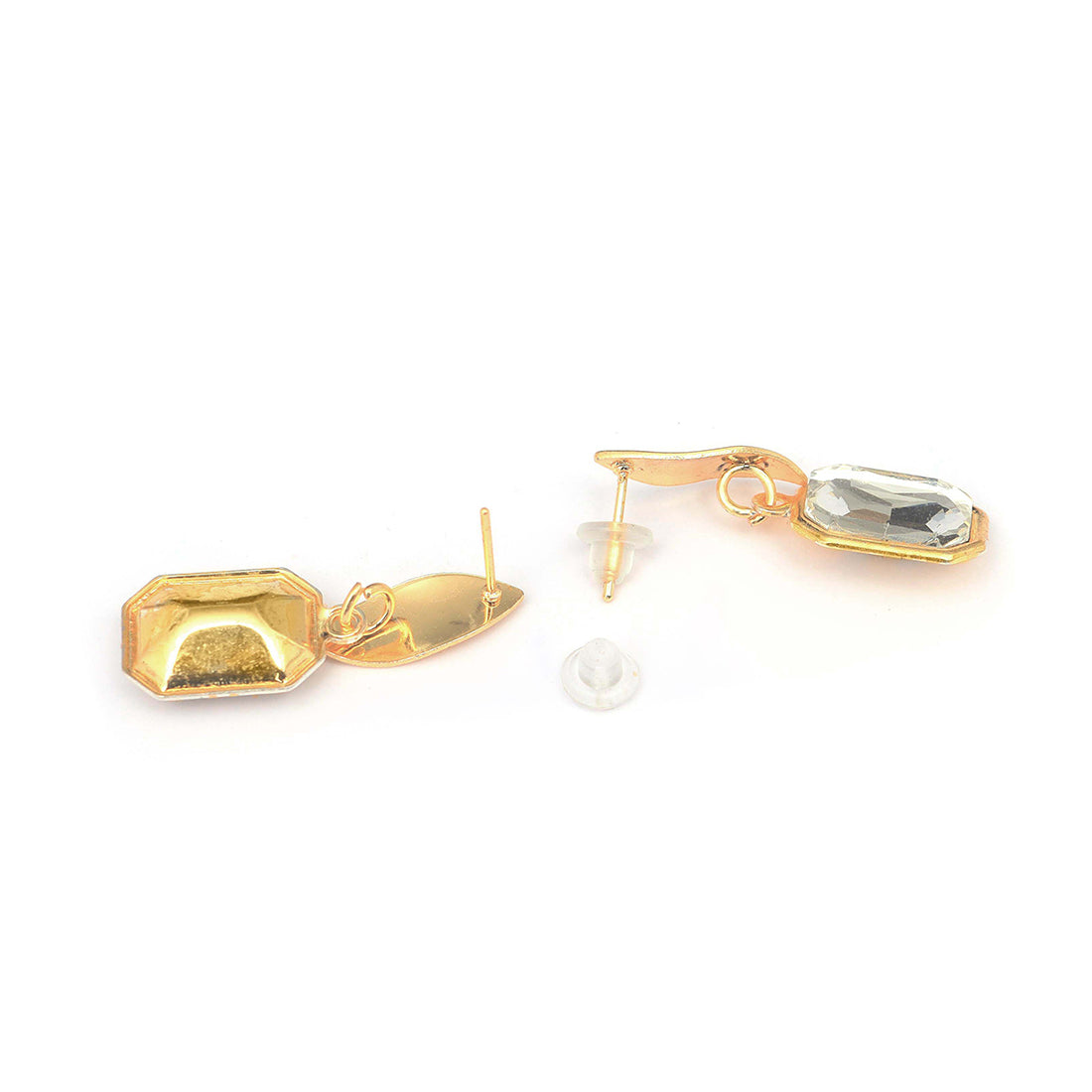 Elegant Gold-Toned Stud Earrings Featuring A Dazzling Square Rhinestone Drop.