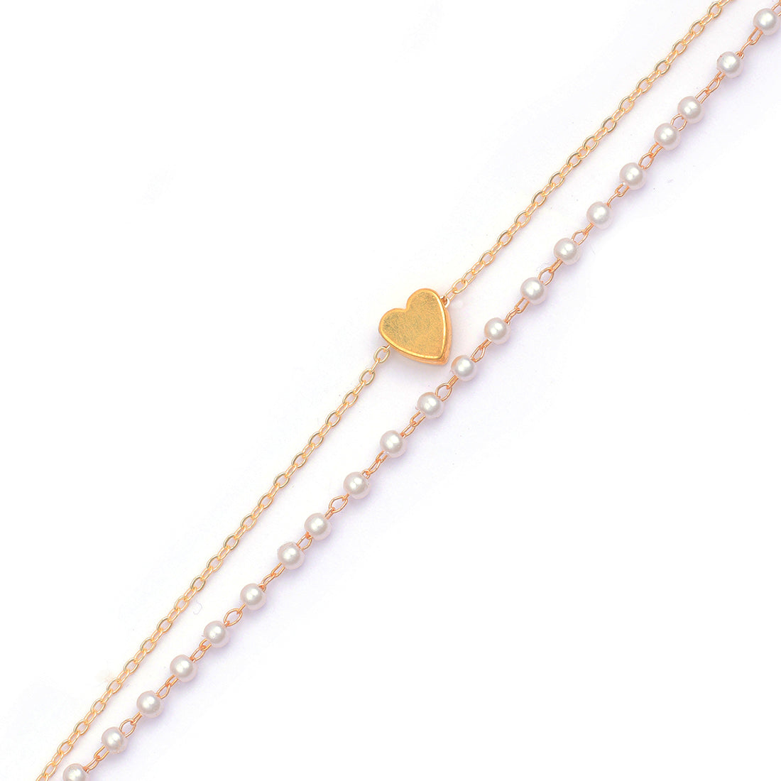 Two-Layered Bracelet: Gold-Toned Heart Chain & Seed Pearls Strand