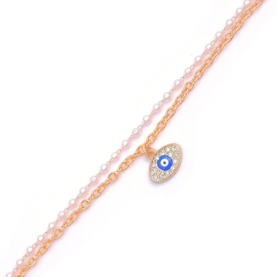 Two-Layer Seed Pearl And Chain Bracelet With Diamante Evil Eye