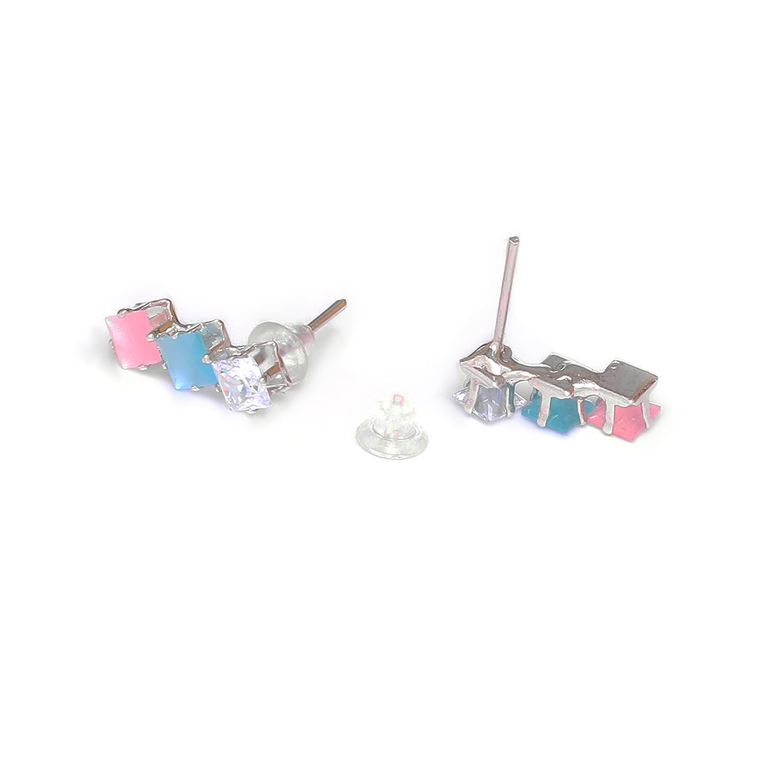 Triple Stone Stud Earring - Pink, Blue, Diamond