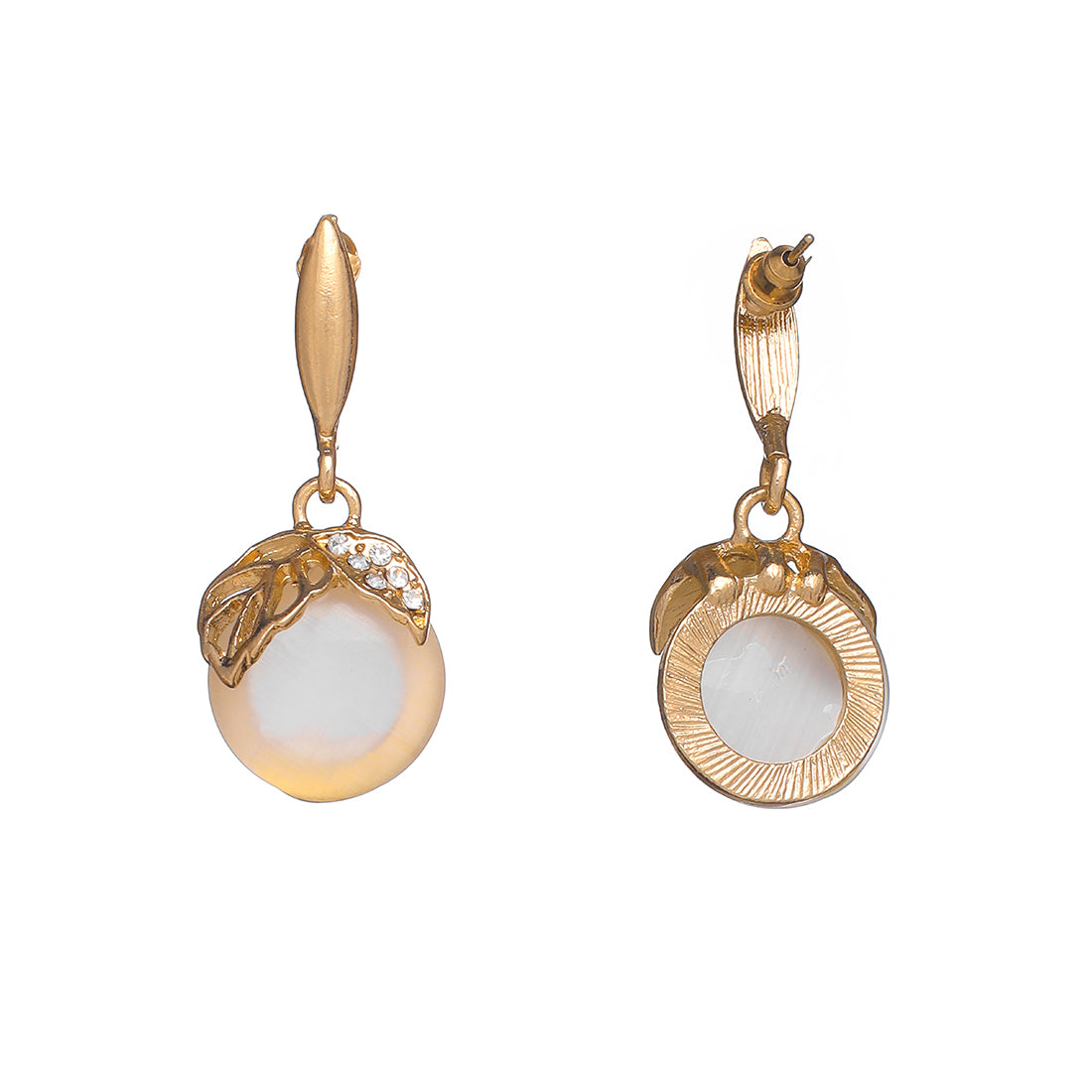 Elegant Leaf Pattern Gold-Toned Earrings With Moonstone And Diamonti Drops