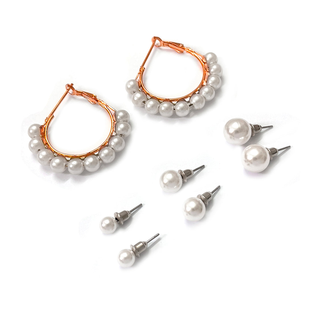 Set Of 4 Pearl Studs In Different Sizes & Rose Gold-Toned Pearl Studded Hoop Earrings