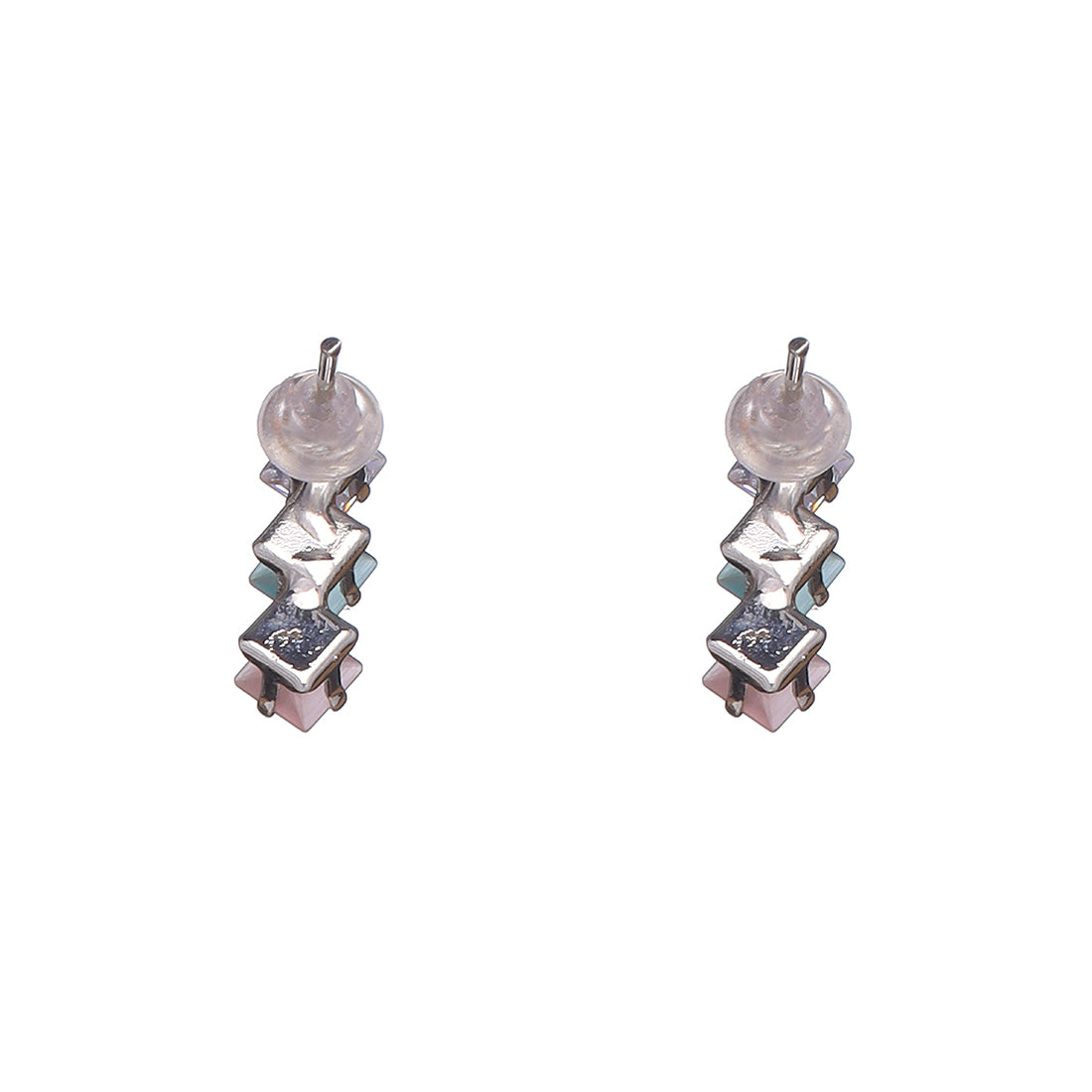 Triple Stone Stud Earring - Pink, Blue, Diamond