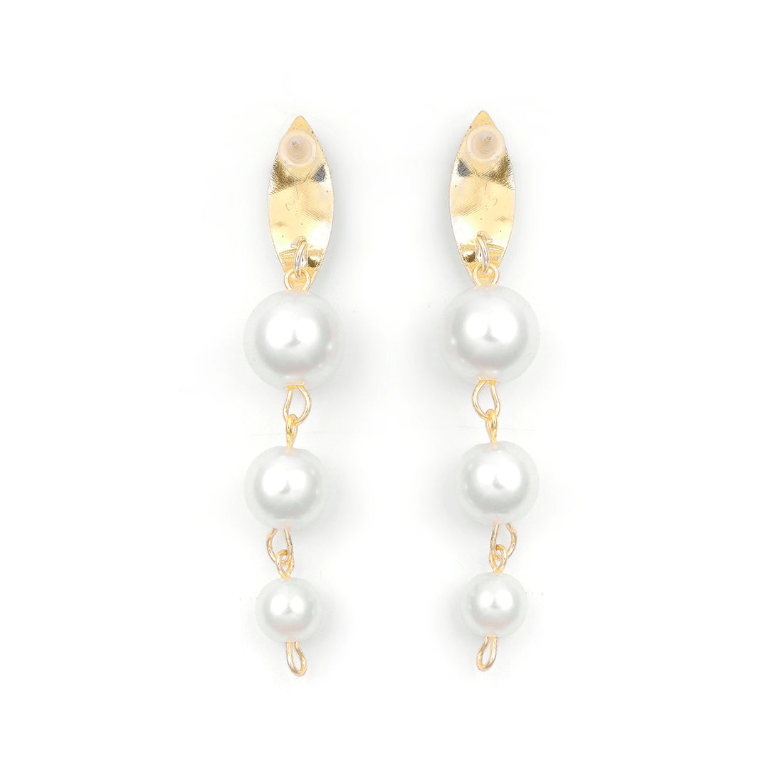 Elegant Gold-Toned Earrings Featuring A Trio Of Lustrous Pearl Drops.