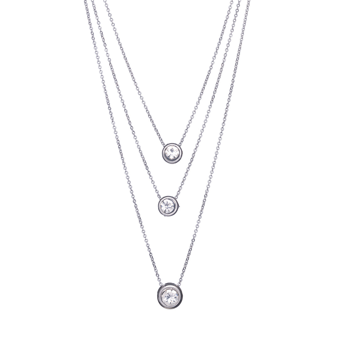Three-Layered Silver Diamond-Accented Small Round Pendant Necklace