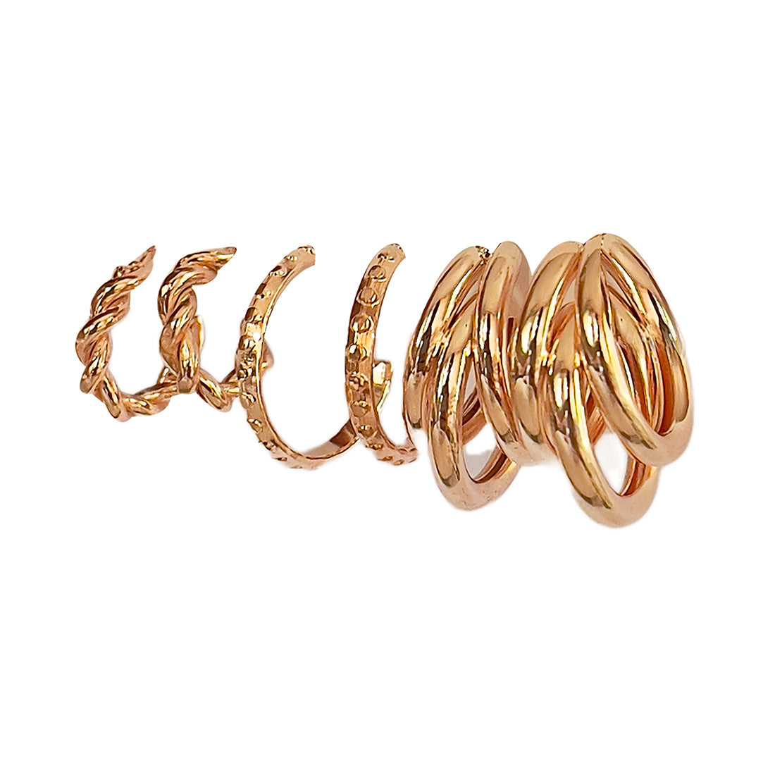 Set Of 3 Rose-Gold Toned Mini Twisted, Textured & Chunky Layered Open-Hoop Earrings