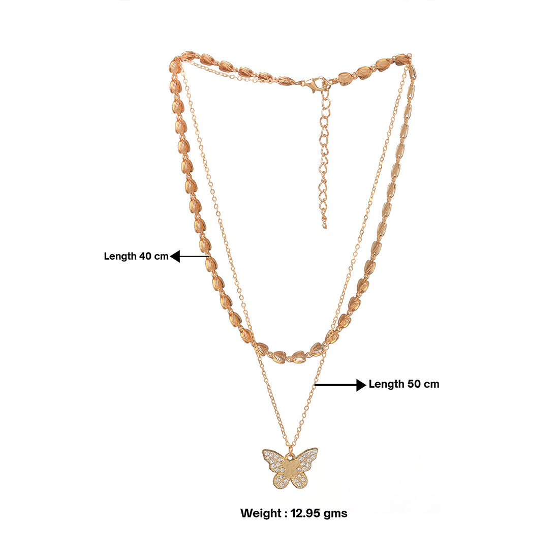 Two Layer Necklace - Butterfly Pendant, Chain of Hearts